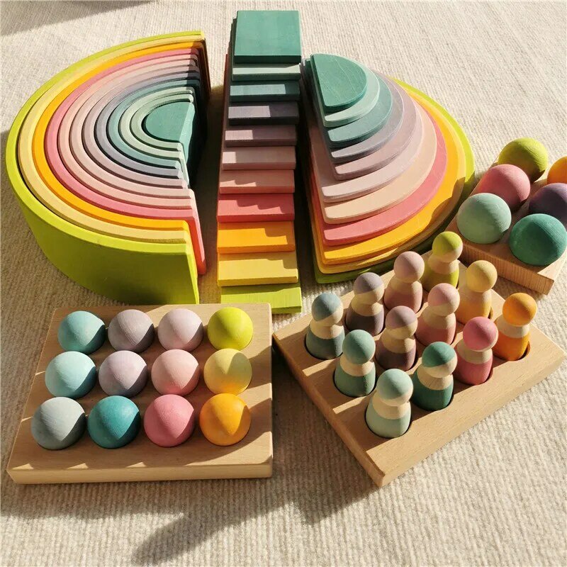 Juguetes de madera de alta calidad para niños, bloques de apilamiento de arcoíris de tilo Pastel, construcción de pino, Semi Clasificación, muñecas de clavija, bolas de juego