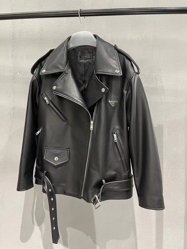 女性のための本革のシープスキンのコート,女性のためのカジュアルなルーズフィットのオートバイの服,用途の広いコート,2023