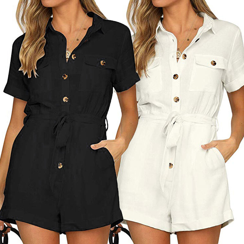 Summer Rompers For Women 2024 Casual Button Down Cuffed Short Sleeve Casual Boho Playsuit Romper For Women Dressy Dropshiping