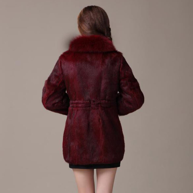 Grosso casaco de pele de coelho real de luxo com gola de pele de raposa quente inverno feminino casual fino jaqueta de pele genuína