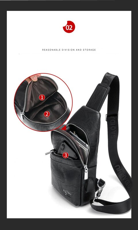 Men's PU Chest Bag Trend Crossbody Bag  USB Mobile Pocket Large Capacity Casual Shoulder