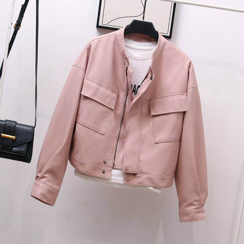 Chic and Loose Faux Leather Zipper Short Korean Style Stand Collar Jacket for Women, Perfect for Trendy Commuting, Autumn, 2023