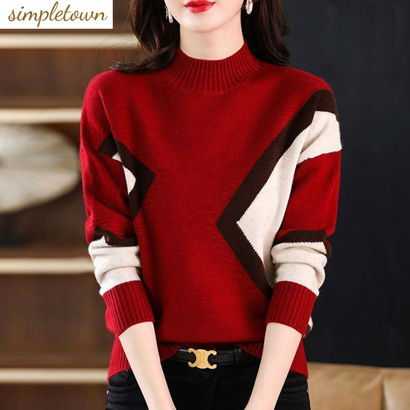Suéter de terciopelo grueso para mujer, suéter de Cuello medio alto de punto, edición coreana, bloque de Color, otoño e invierno, novedad de 2023