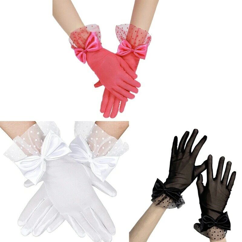 Guantes elegantes encaje con pajarita, guantes baile para despedida soltera, guantes mano para fiesta boda 28TF
