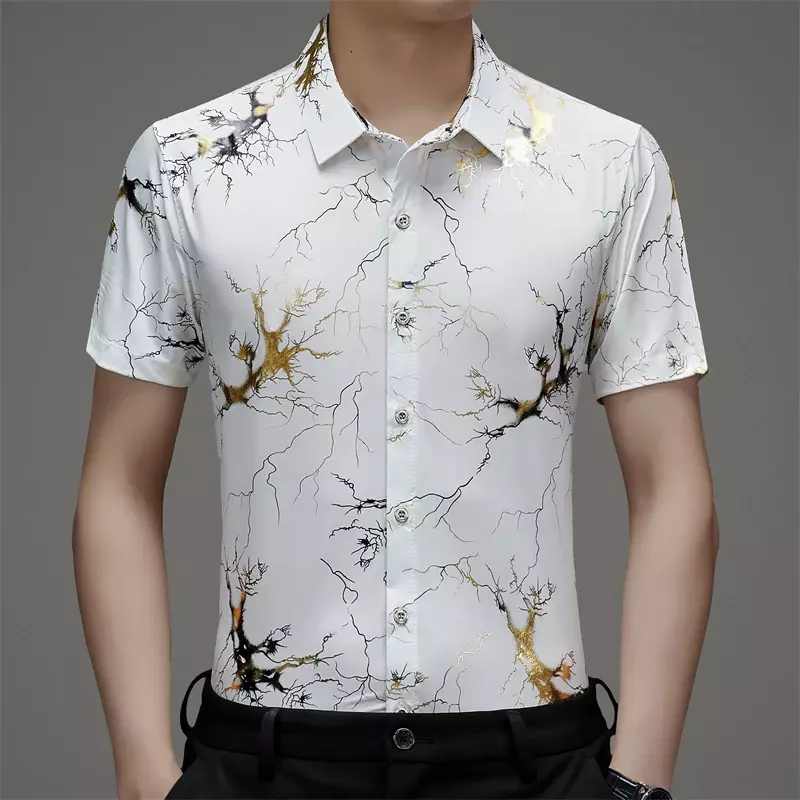 Camisa de manga corta para hombre, Camisa estampada de seda de hielo, Top informal de moda de verano