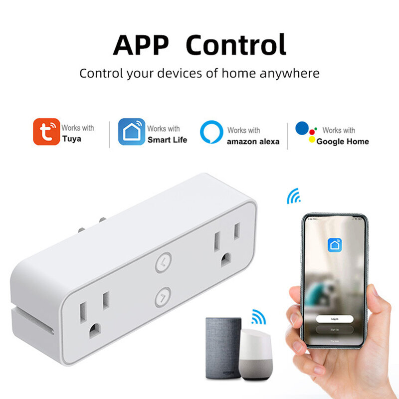 Dual Smart Plug Extensor de Saída WiFi, Controle Remoto, Sistema de Inteligência Familiar, Smartlife App, EUA, 100-240VAC, 50Hz, 60Hz