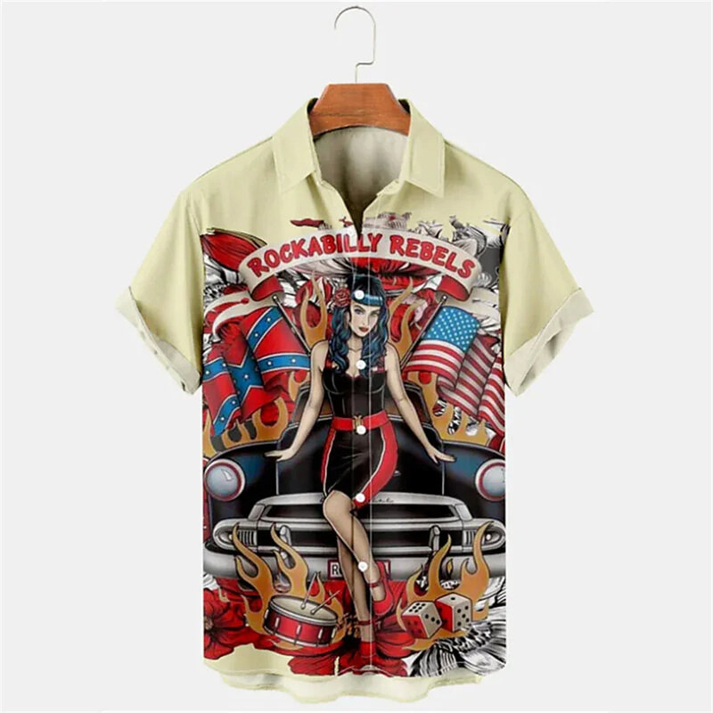 Camisa hawaiana con patrón impreso Digital en 3D para hombres, camiseta de motocicleta, Top de manga corta de calle, suelta, Retro, Sexy