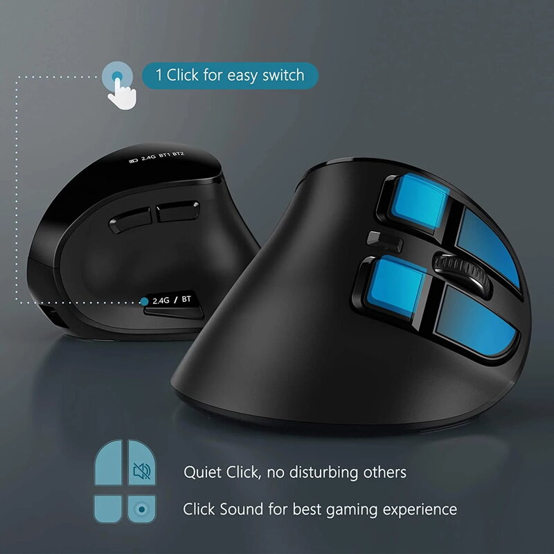 Seenda Mouse nirkabel vertikal Bluetooth 5.0 3.0, Mouse game ergonomis untuk Tablet, Laptop, PC, Mac, iPad, dapat diisi ulang 2.4G, USB
