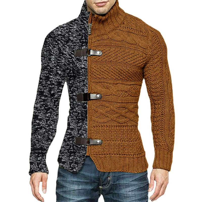 Cárdigan de cuello alto para hombre, chaqueta de retales, suéter de punto Vintage, abrigo con cremallera, Tops delgados, Otoño e Invierno