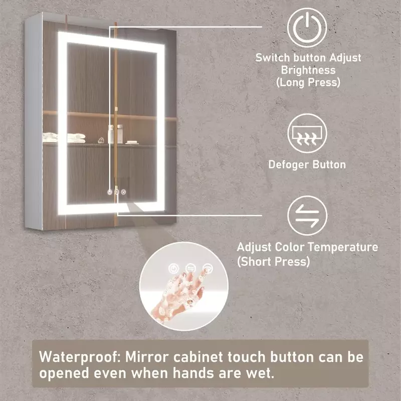 ตู้ยาในห้องน้ำ20x26นิ้ว, ตู้กระจก LED พร้อมกระจกฝังในห้องน้ำพร้อมไฟ3สีสำหรับบ้าน