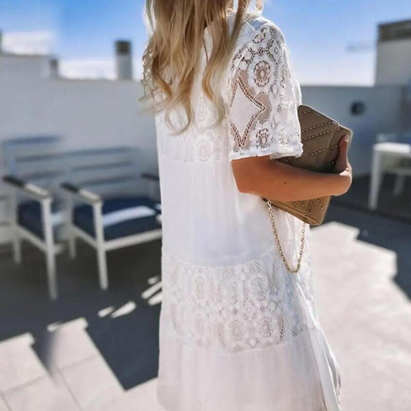 Flower Embroidery Dress Elegant Floral Embroidered Midi Dress for Women Short Sleeve Lace Patchwork Vacation Beach Dress Crew