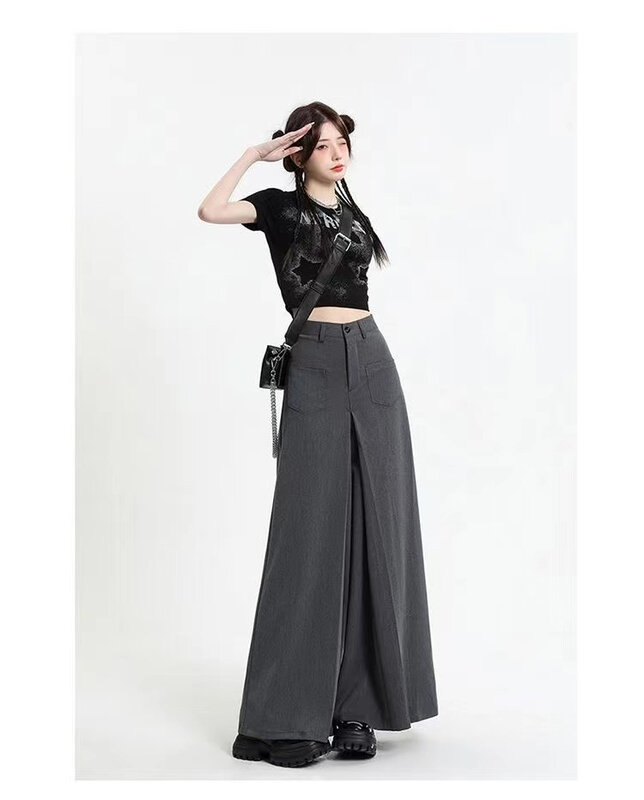 Spring Summer New Grey Suit Pants for Women's High End Hanging Swinging Pants Casual Pants High Waist Wide Leg Trouser Skirt
