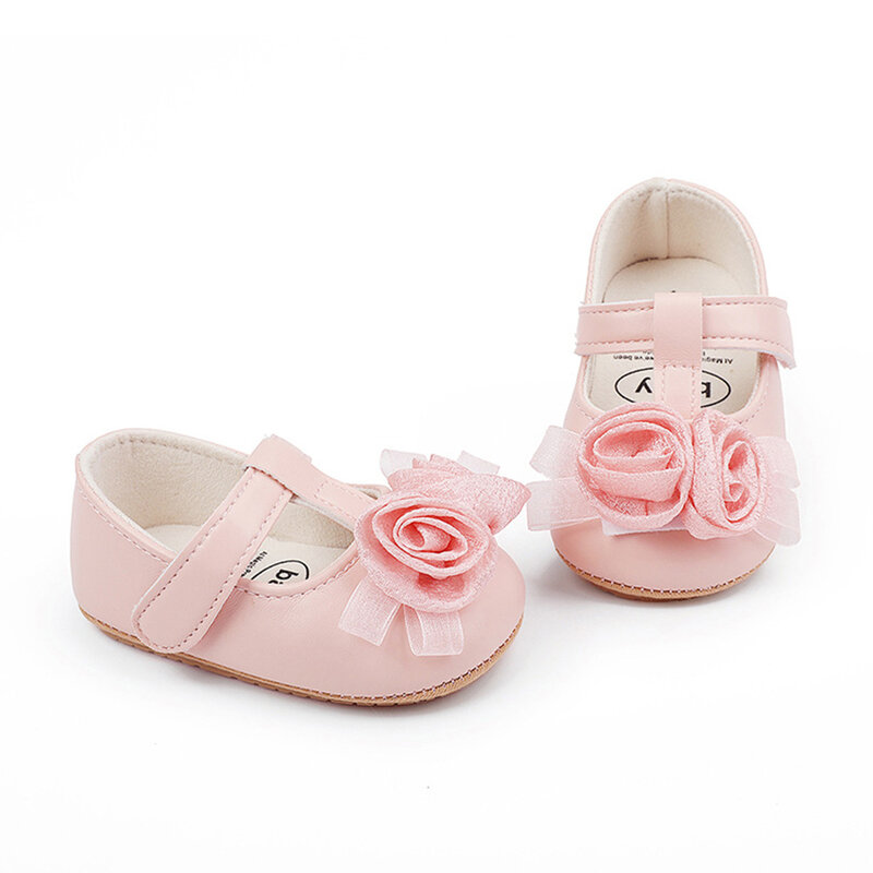 Туфли на плоской подошве для маленьких девочек, искусственная кожа, с закрытым носком, цветок, Нескользящие, обувь для начинающих ходить детей, с резиновой подошвой