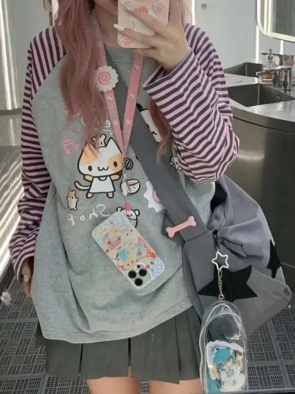 HOUZHOU Y2k Harajuku Kawaii bluza z kapturem w paski damska japońska moda patchworkowa nadruk kreskówkowy bluza damska jesień 2023 nowość w