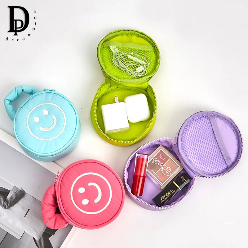 Bolsa de cosméticos con cremallera para niñas y niños, Mini bolsa de almacenamiento de viaje portátil con cara sonriente, bolso de mano informal, bolsas de almacenamiento de auriculares USB