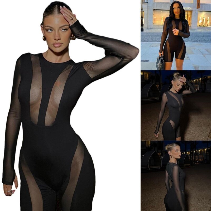 F42F Women's See Through Jumpsuit Sheer Mesh Bodycon Jumpsuits One Pieced Club Romper