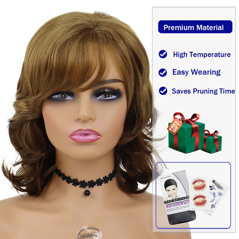 Wig panjang elegan untuk wanita rambut palsu sintetis Ombre coklat Wig keriting gaya alami Wig wanita dengan poni pesta Cosplay harian