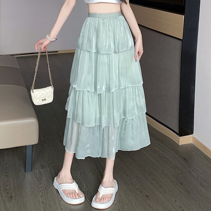 신축성 있는 단색 스위트 거즈 프릴 스커트, 여성 의류, 루즈한 올매치 하이웨이스트 스커트, 2024 여름 신상 패션