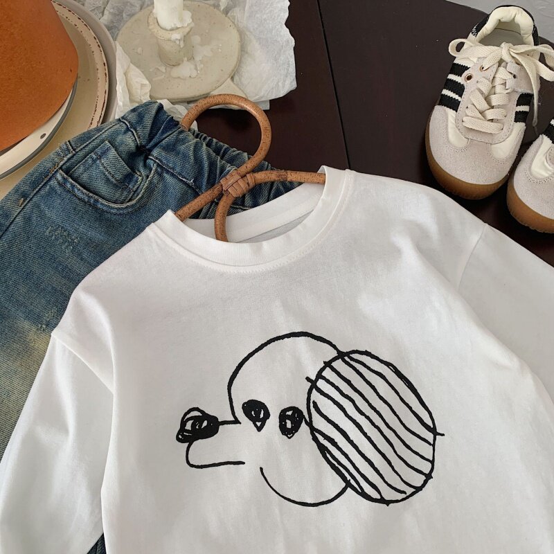 Camiseta de manga comprida de cachorro dos desenhos animados infantil, Tops simples, meninos e meninas, primavera, novo, G0048-WS