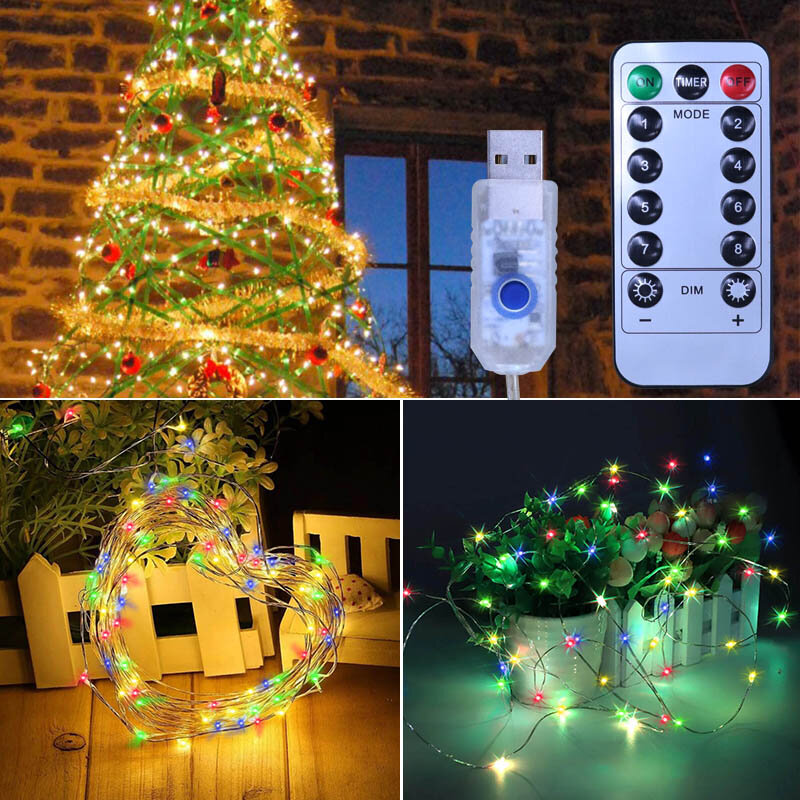 USB LED Copper Wire String Luz, guirlanda, controle remoto, impermeável Fairy Lights, festa de casamento, decoração de Natal, 8 modos