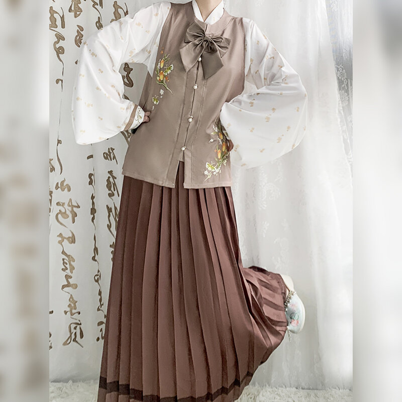 Вышитая гарнитура династии Мин, с круглым вырезом, ханьские элементы, стандартная плиссированная юбка, галстук-бабочка