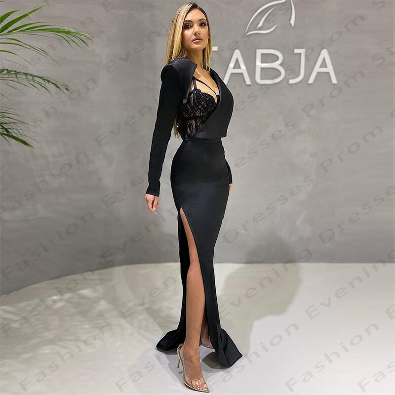2024 czarne satynowe suknie wieczorowe damskie syrenka z długim rękawem seksowne boczne rozcięcie księżniczka suknie na bal maturalny moda impreza celebrytów szata