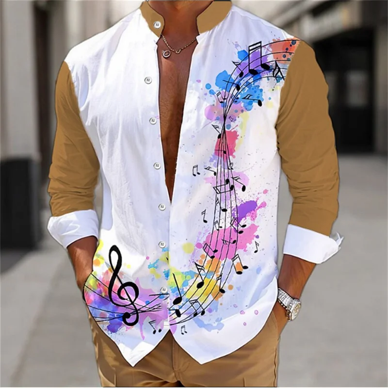 Summer 2024 Men's Shirt Long Sleeve Music Note 3D Printed Stand Collar Single Breasted Cardigan Hawaiian Casual Men's Shirt 6XL