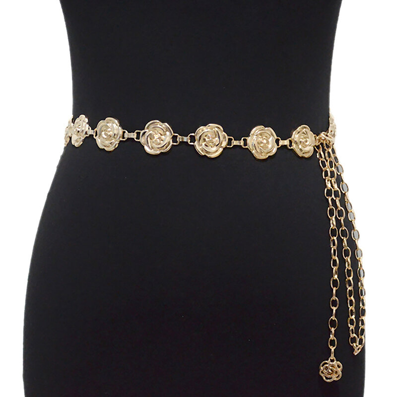 1Pc Rose Chain Belt Women Fashion Metal Thin Shiny Flower Belts Female Jeans Dress Decoration Belt Gold Silver