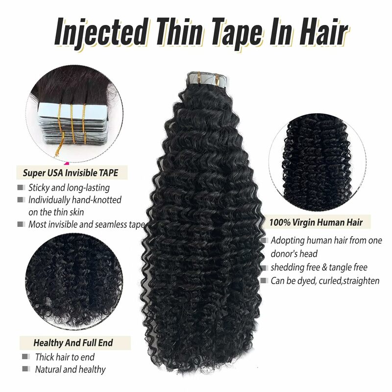 Afro Kinky Curly Tape in Human Hair Extension 26Inch Invisible Seamless Skin Weft Tape ins 50g 20pcs Black Color #1B 3C 4A Type