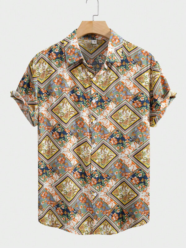 Men's Lapel Shirt Hawaiian Pattern Patchwork Print Design Women's Short Sleeve Beach Button-Down Shirt Top