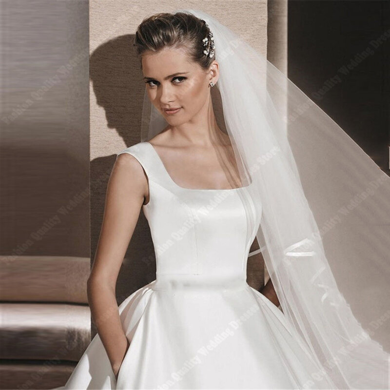 Vestido de casamento feminino com gola quadrada cetim, vestido de noiva, trem longo, sem mangas, elegante, linha A, festa de casamento, mulheres, 2024