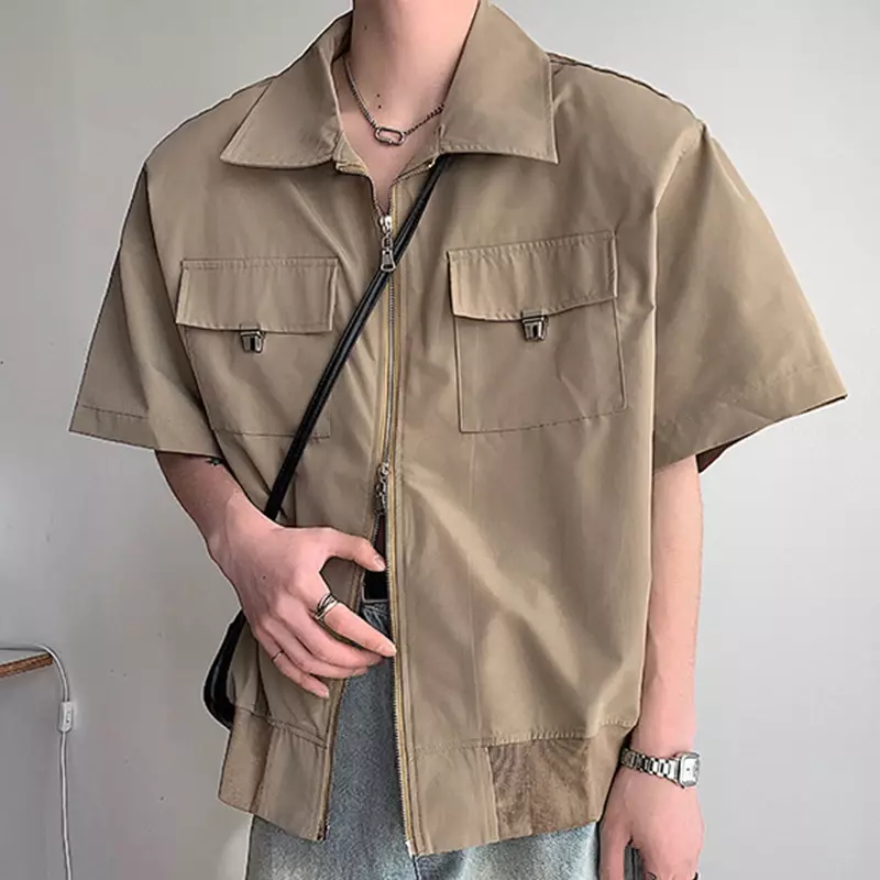 Chemise zippée à poches carillons pour hommes, chemises Y2K, cardigans surdimensionnés, chemise décontractée, document monochrome, été