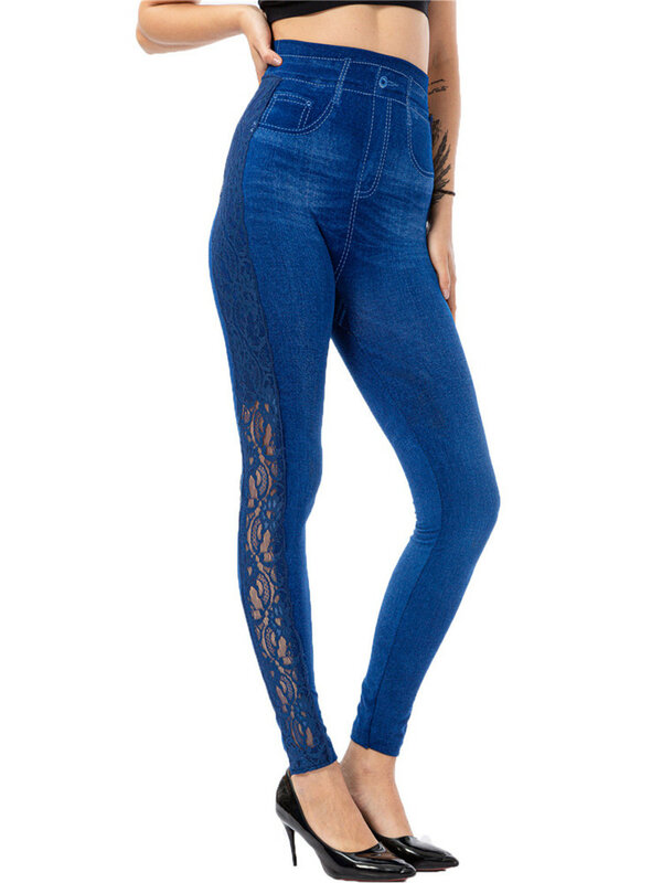 INDJXND wysokiej talii koronkowe legginsy damskie damskie kwiatowe boczne wycięcia Patchwork spodnie do ćwiczeń Push Up elastyczność sztuczny jeans Jean