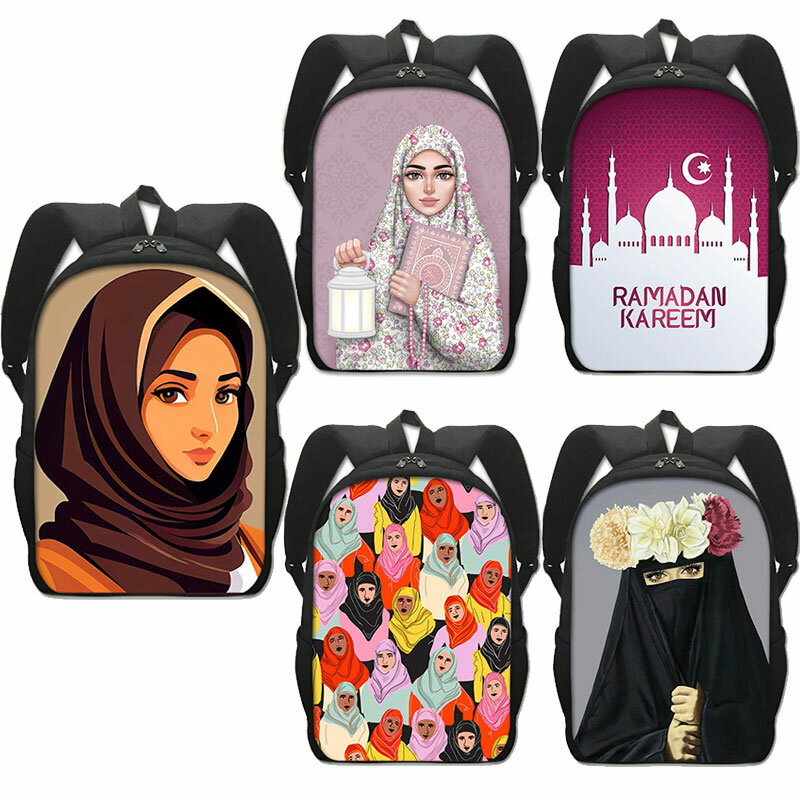 Moslim Islamitische Gril Eyes Print Rugzak Vrouwen Bloemen Hijab Gezicht Schooltassen Voor Student Boekentas Laptop Dagrugzak Rugzak Cadeau