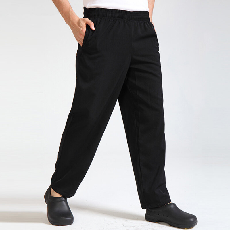 Pantalones de Chef transpirables para hombre, ropa de cantina de trabajo, cintura elástica suelta, uniforme de cocina para Hotel y restaurante