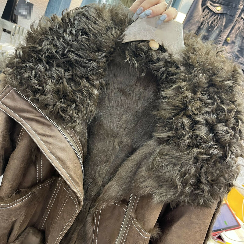 Женская короткая куртка из кроличьего меха, с воротником из натурального меха ягненка, теплая верхняя одежда, 2023