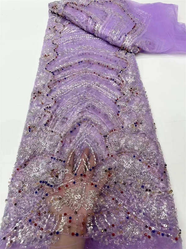 Lilac,Madison-African Sequins Beaded Lace Fabric for Groom, French Tulle Lace Fabric, Nigerian Embroidery, High Quality, 2024