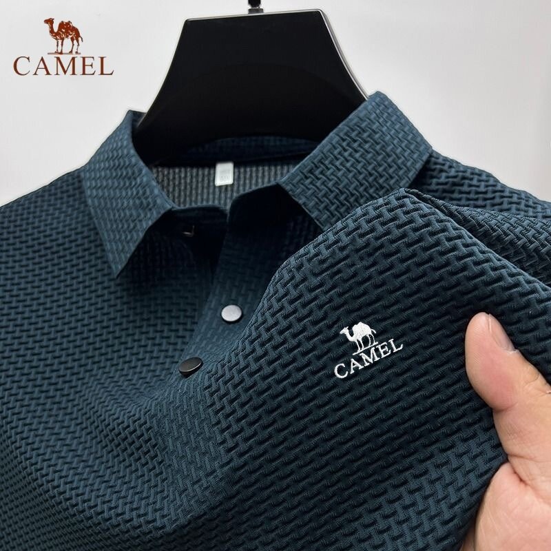 Besticktes Kamel High End Eis Seide elastisches Polos hirt neues Sommer T-Shirt trend ige atmungsaktive Business Kurzarm Luxus Top