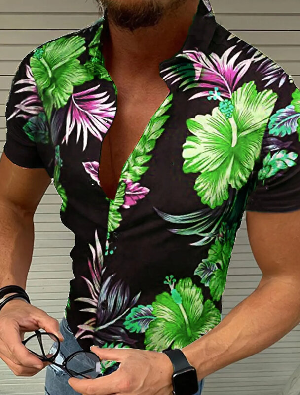 Men's shirt button summer flower 3D printing, plant flower casual versatile plus size Hawaiian style beach breathable shirt
