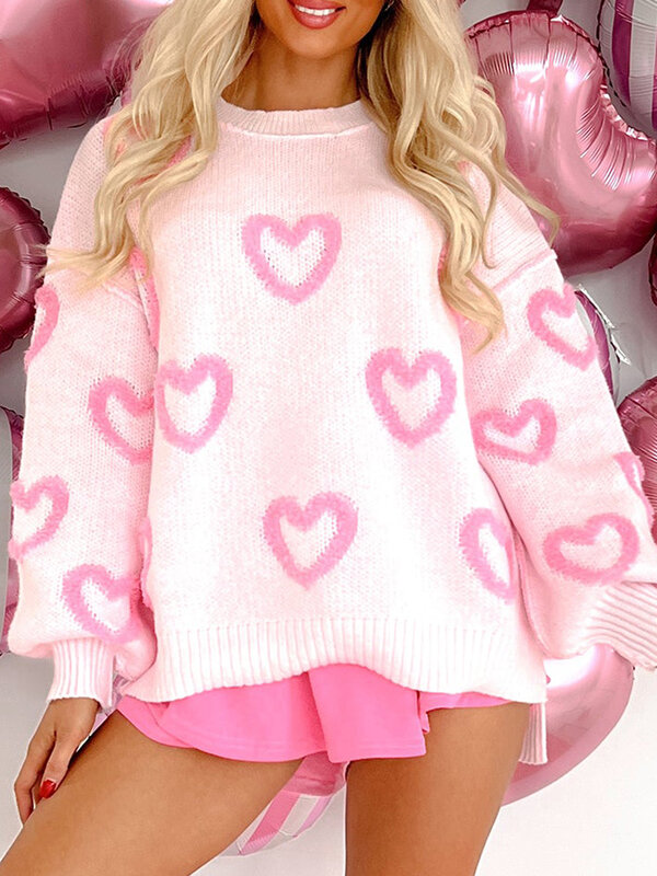 Suéter de malha com estampa de coração feminino, pulôver extragrande, suéter felpudo, manga comprida, malha romântica, dia dos namorados