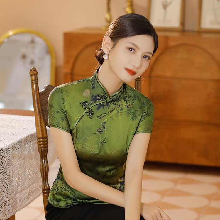 Chemisier en Satin de soie douce pour femmes, imprimé floral traditionnel chinois, hauts Sexy et Slim, vêtements classiques Vintage, grande taille