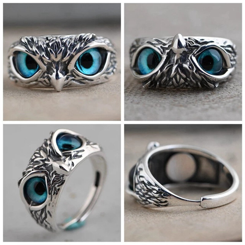 Cincin burung hantu desain mode menawan cincin perak multi Warna untuk pria wanita Punk Gothic cincin terbuka dapat disesuaikan perhiasan hadiah dapat diubah
