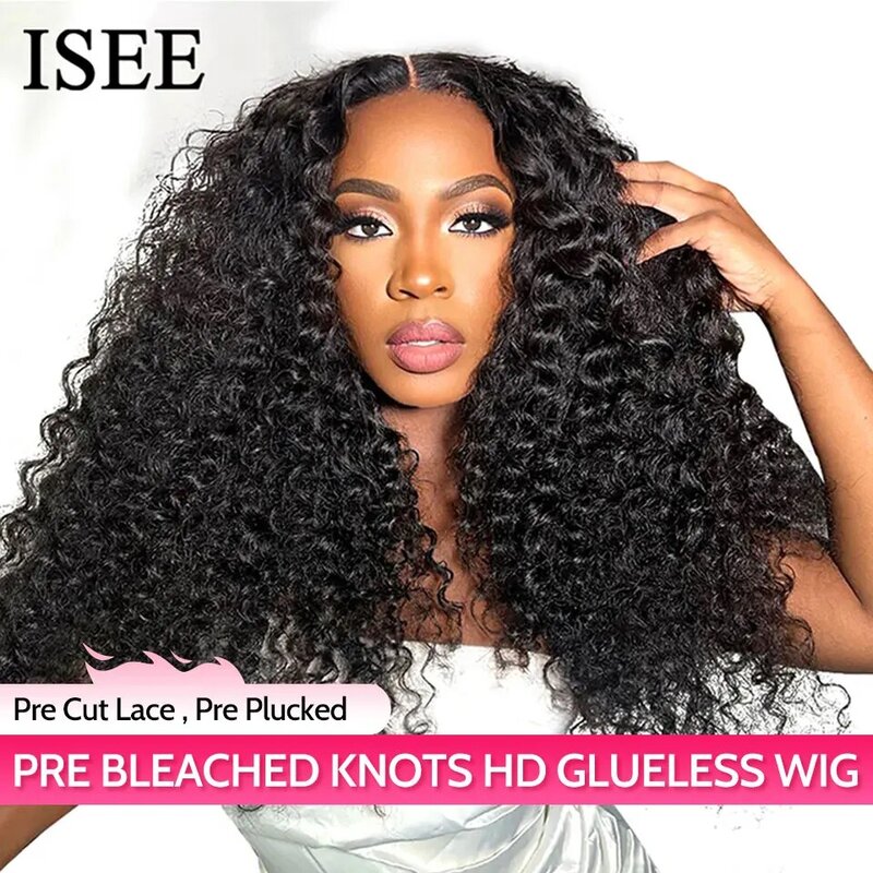 ISEE CABELO Pré-Bleached Knots Kinky Curly HD Lace Wigs, Glueless Perucas Humanas, Pronto para Ir, Pré-Arrancadas Hairline