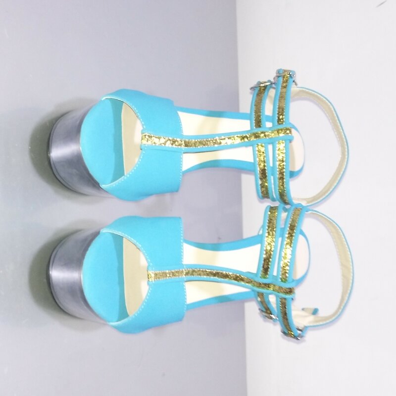 15cm heels, party stage sandals, T-strap, sequinned fish-mouth high-heeled runway dance shoes