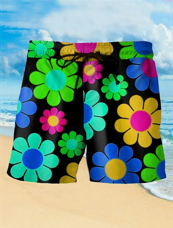 Pantalones cortos de baño con estampado 3D de flores para hombre, bañadores con cordón, de secado rápido, informales, hawaianos, para vacaciones