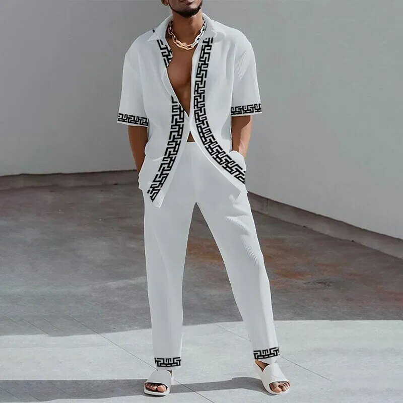 Camisa retrô estilo nacional com estampa 3D masculina e calças compridas, solta, respirável, lapela, manga curta, roupas de duas peças, moda