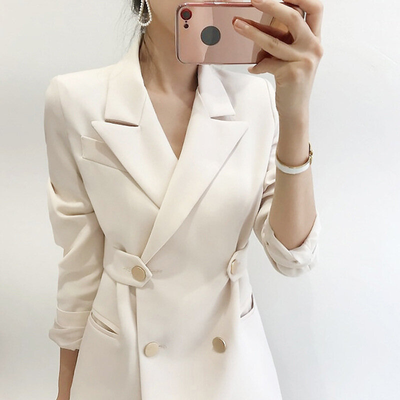 2024 Spring New Women Suit Fashion Slim Fit Double Breasted Pocket Korean Solid Color Office Women Temperament Casual Suit Coat