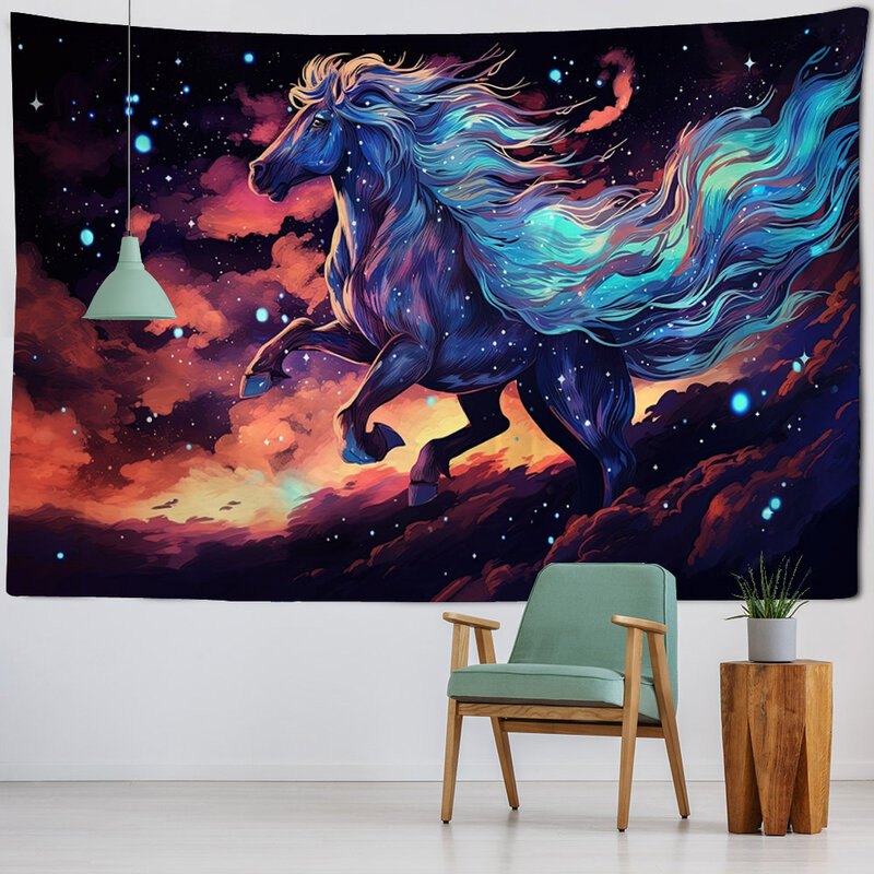 Tapiz de decoración artística de Pegasus y cielo estrellado, tela de fondo de dibujos animados de ensueño, dormitorio de animales hippie, colgante de pared para dormitorio