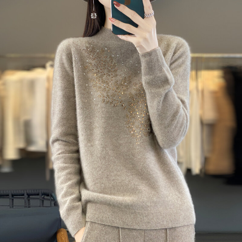 Suéter de lana pura para mujer, Jersey ajustado de punto con diamantes, grueso y cálido, Cuello medio alto, Cachemira, otoño e invierno, 2024