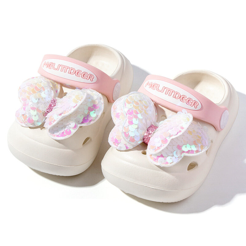 Летние новые детские тапочки, Симпатичные дышащие сандалии с дырками и блестками для девочек